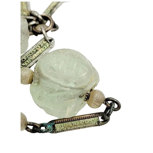 Flapper Art Deco Czech Jade Rose Quartz Enamel And Silver Bracelet (A2610) - Picture 4 of 7